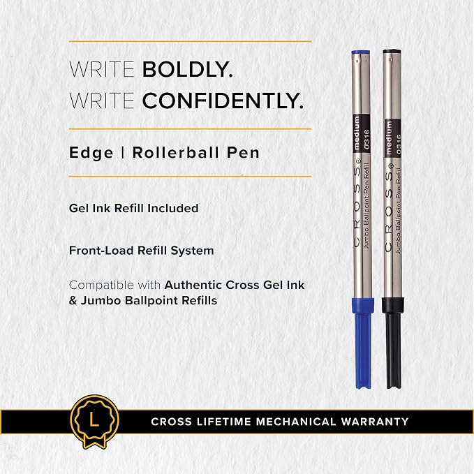 Cross Edge Jet Black Gel Rollerball Pen, Medium Point, Black Ink | Elegant Accessory for Smooth Writing, Capless Slide-Open and Snap-Shut Design, Ergonomic Shape, Comfortable Grip, Gift-Ready