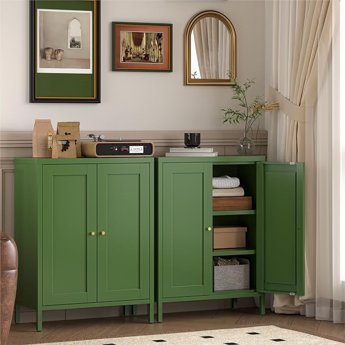 YAUWOH Small Metal Cabinet, Storage Cabinet with 2 Adjustable Shelves and 2 Doors,Freestanding Sideboard for Small Spaces, Living Room, Home Office, Dining Room(1PC,Forest Green)