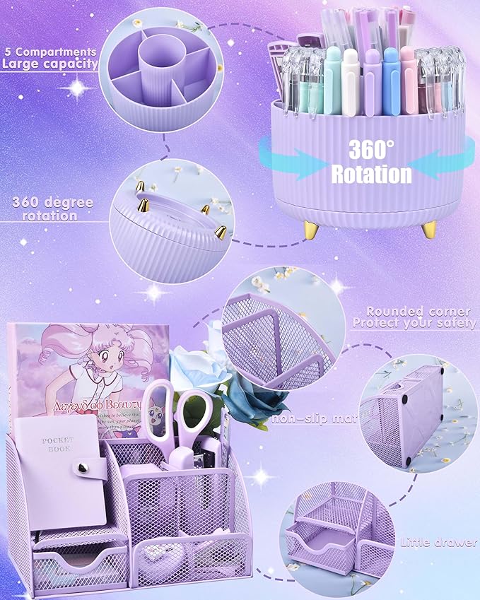 LXEVIHK 21Pcs Purple Desk Organizers and Accessories With Mesh Desk Organizer and 360°Rotating Pen Holder and a Lot of Office Purple Office Supplies Beautifully Presented in a Gift Box