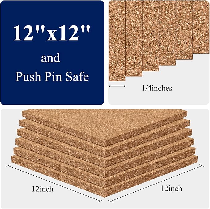 NACHLYNN Cork Board 6 Pack 12 x 12 Self-Adhesive Corkboards for Wall Square Bulletin Board with 100 Push Pins Frameless Cork Tiles for Walls Home Office