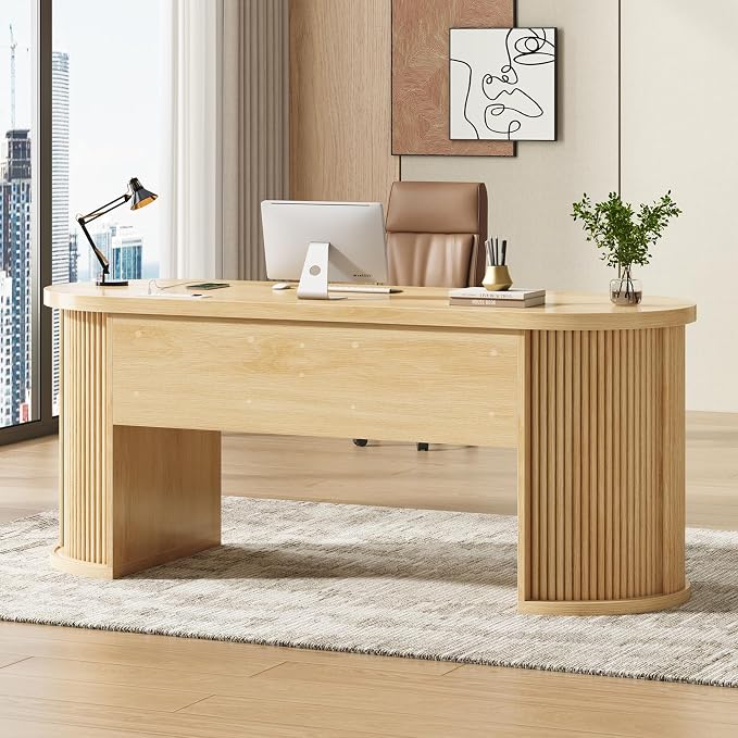 SEDETA 58.3" x 21.7" Fluted Office Executive Desk with 2 Drawers Storage | Light Oak Long Computer Desk with 2 Sliding Doors Shelves and Power Strip, Wood Curve Desk for Work, Writing, Study