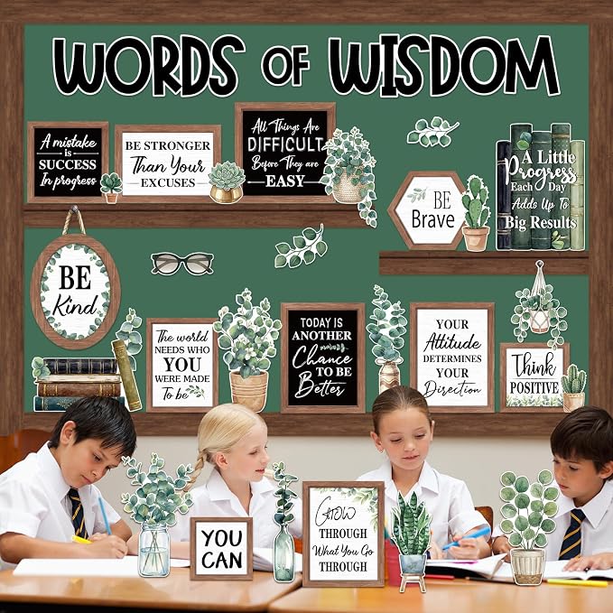 Mooliwe 57 Pcs Eucalyptus Bulletin Board Set Boho Inspirational Cutouts | Motivational Quotes for Teachers, Positive Sayings Wall Set, Classroom Office Home Décor, Words of Wisdom Farmhouse Style