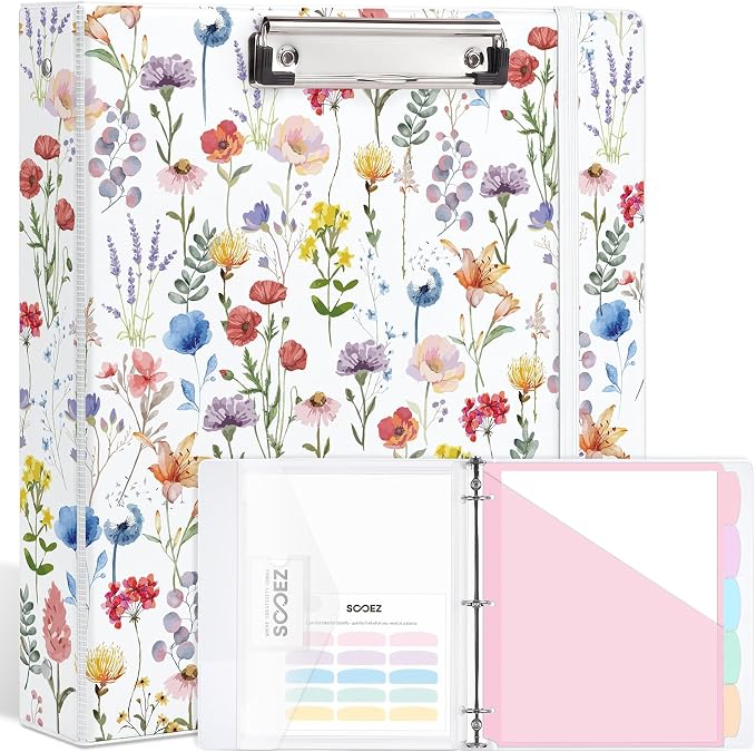Sooez 3 Ring Binder Clipboard with Storage & 5-Tab Dividers, 1 Inch | Premium Clip Board 11 x 8.5 & Pen Holder, Pocket Dividers, Clear File Folder, Cute Binder Organizer, School Office Supplies