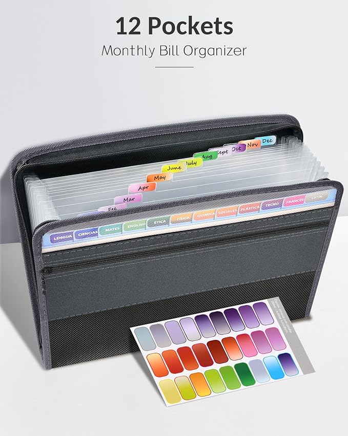Sooez Accordion File Organizer with Safe Zipper, 12 Pocket Expanding File Folder with Front Pencil Pouch, Portable Monthly Paper Bill Tax Receipt Organizer, School Office Supplies, Letter Size, White | Organizer with Front Pencil Pouch, Portable Monthl...