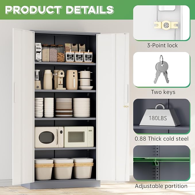 Metal Storage Cabinet, 72" H Lockable Steel Cabinets with Locking Doors, Storage Locker with Adjustable Shelves for Office, Home, Garage, Gym, School (White Grey)
