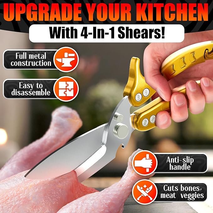 4-in-1 Multifunction Heavy Duty Kitchen Shears – Sharp Seafood, Fish, Turkey & Chicken Shears with Non-Slip Metal Handle & Micro-Serrated Blades for Meat – Spring-Loaded Bone Scissors (Gold)