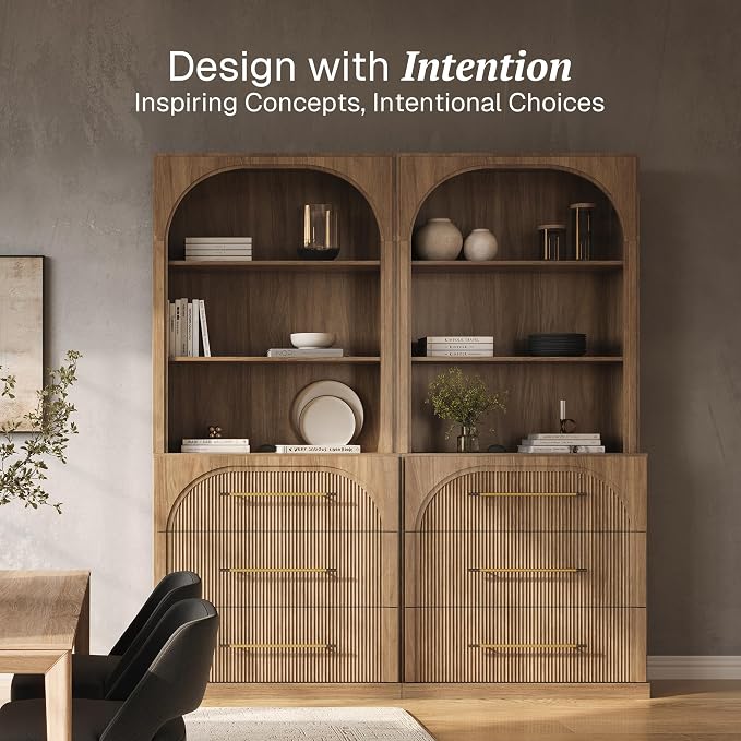 BELLEZE Display Storage Cabinet with Hutch Set of 2, 72" Tall Wood Modern Bookshelf with 3 Drawers, Cabinet for Office, Study, Kitchen, Dining Living Room, Camel