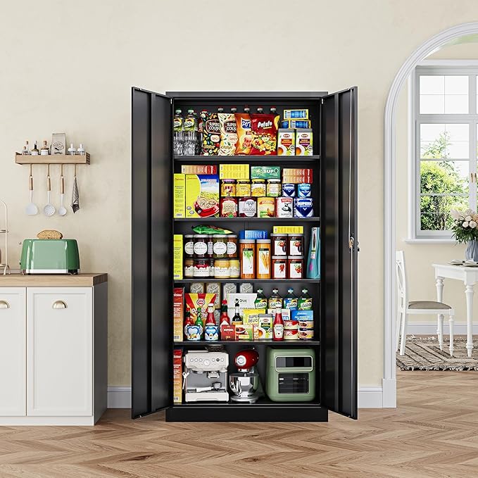 Metal Garage Storage Cabinets with Lock Door and Adjustable Shelves, Steel Tool Cabinets for Home,Office,Warehouse Organisieren (Black)