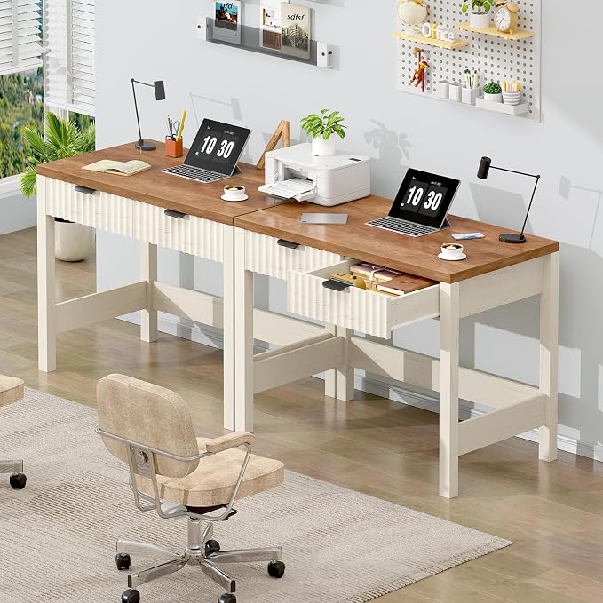 32 Inch Small Fluted Computer Desk with 2 Drawers for Bedroom, Home Office | Small Computer Desk with Storage, Compact Writing Study Desk for Small Spaces, Brown & White