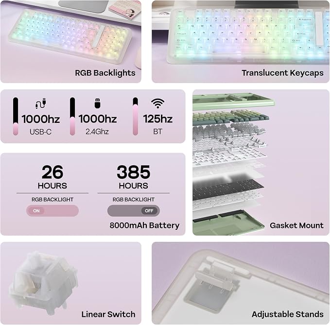 KiiBoom Phantom98 Lite 96% Wireless Mechanical Gaming Keyboard, VIA Programmable, Creamy Keyboard with Gasket, 8000mAh Battery, Hot Swap, RGB Backlits, NKRO for Win/Mac (Clear, Mochi Switch)