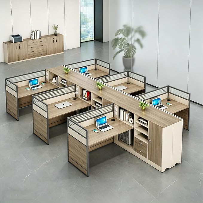 Modern Office Workstation Desk with Side Storage Cabinet, Tempered Glass Privacy Panels, USB Charging Hub & Cable Management, Modular Cubicle Desk for Office Work (B - Right, 6P)
