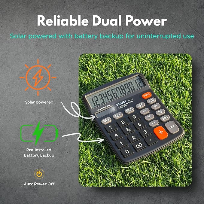 TRULY 12-Digit Desktop Calculator with Large Display, Big Buttons, Dual Power (Solar + Battery), Metal Finish, Ideal for Office, Home, School – 837A Pro Black