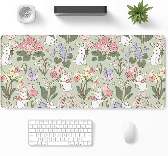Desk Mat, Large Gaming Mouse Pad, 32" x 12", Cute Floral Bunny | Waterproof Desk Pad, Non-Slip Rubber Base, Desktop Mat with Stitched Edges, Desk Accessories for Office, Work, Home