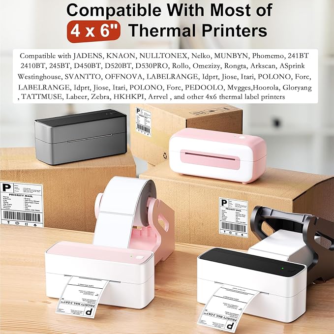 Phomemo 4x6 Thermal Labels for Shipping Label Printer 2500 PCS Waterproof | for Shipping Packages, Direct Thermal Label Paper Compatible with JADENS/Nelko/KNAON/ and Other 4x6 Label Printers, 10 Rolls