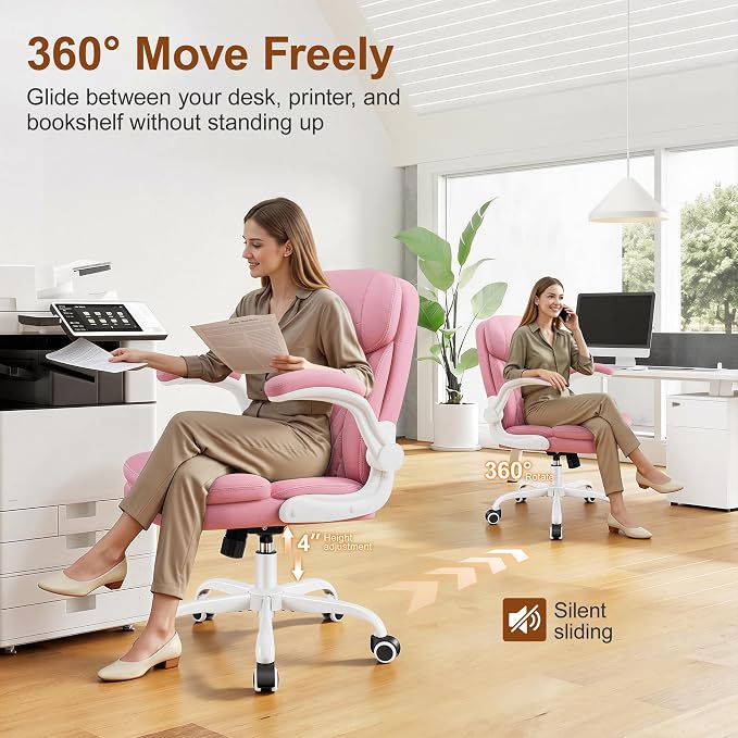 Leather Office Chair, Upgraded PU Computer Desk Chairs with Double-Layer Seat Cushion and Neckrest, 360°Swivel, Ergonomic Small Gaming Chair with Wheels and Adjustable Armrests for Short People, Pink