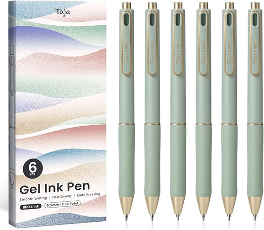 Taja Gel Pens, 6 Pcs Quick Dry Black Gel Ink Pens, 0.5mm Fine Point Smooth Writing Pens for Journaling and Note Taking, Cute Aesthetic Pens for Women & Men-Green