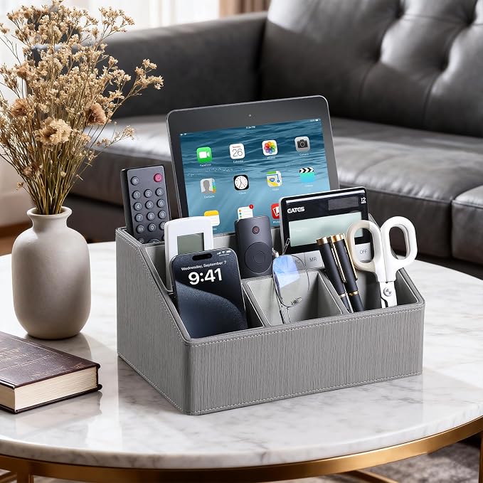PU Leather Desk Organizer, Remote Control Holder, Grey | Luxury Nightstand Organizer for Home, Office Desk Accessories, Bedside Table Caddy with 5 Compartments, Velvet Lining