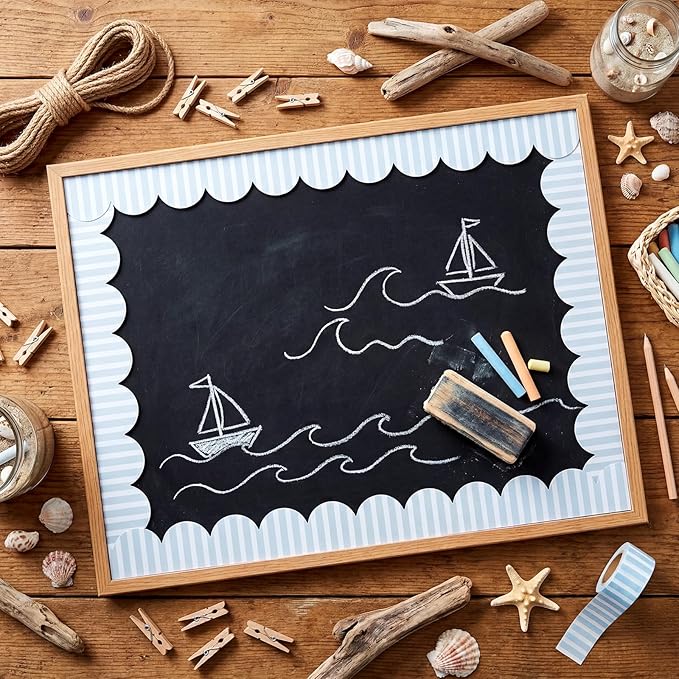 Marspark Scalloped Striped Coastal Bulletin Board Borders 52 ft Cottage Blue Rolled Stripes Blue Classroom Bulletin Border Trim Classroom Borders for Back to School Chalkboard Whiteboard Decorations
