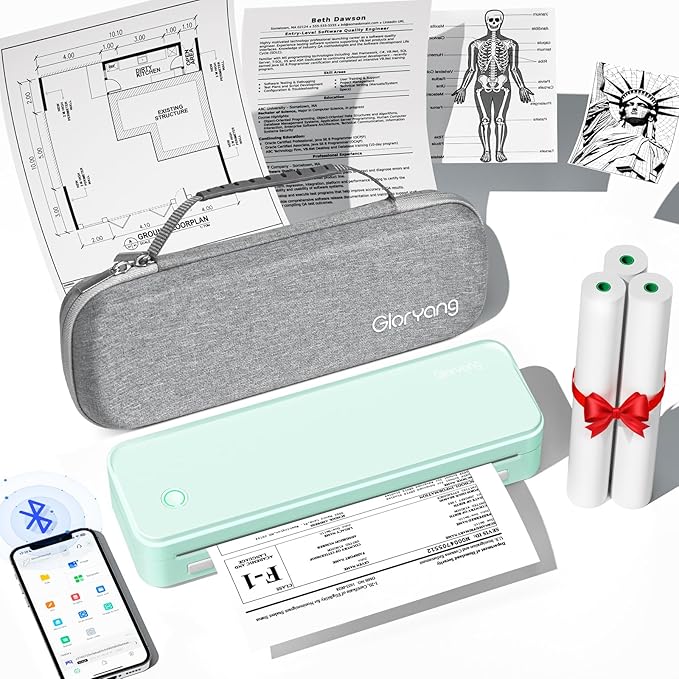 Inkless Portable Printer for Travel, Wireless Thermal Printer Supports 8.5 x 11 Inch Thermal Paper, Bluetooth Machine Includes Carry Case and 3 Rolls of Paper Kit, Green