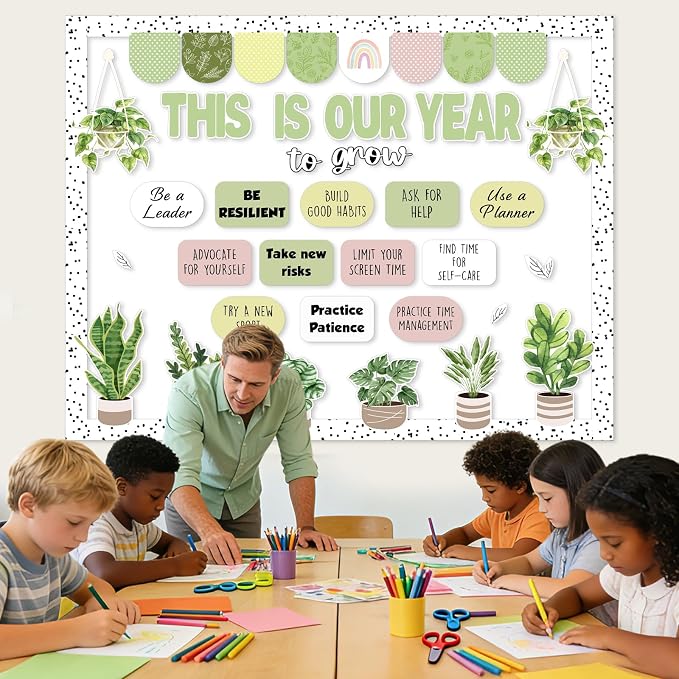 55Pcs This is Our Year to Grow Bulletin Board Decorations, Boho Classroom Decor Greenery Plant Inspirational Cutouts Welcome Back to School Bulletin Board for Teacher Supplies Office Door Wall Decor