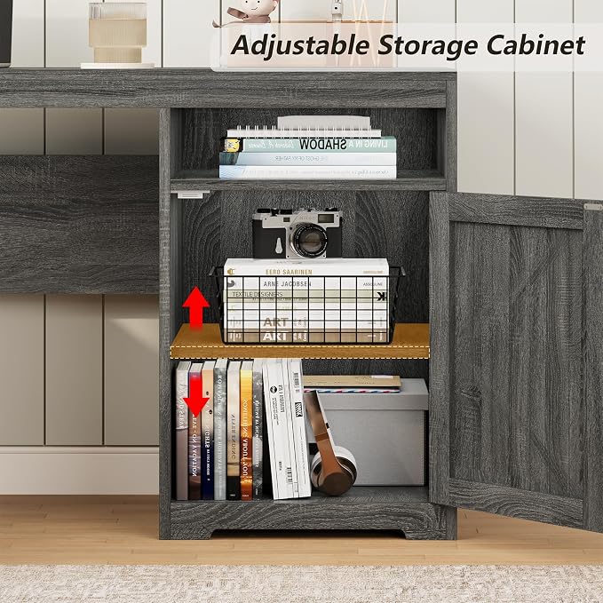 63" Farmhouse L Shaped Desk with Drawers & Printer Shelf for Home Office | Corner Computer Desk with Storage, Power Outlets, L Shaped Office Desk with Monitor Stand, Printer Shelf, Dark Gray