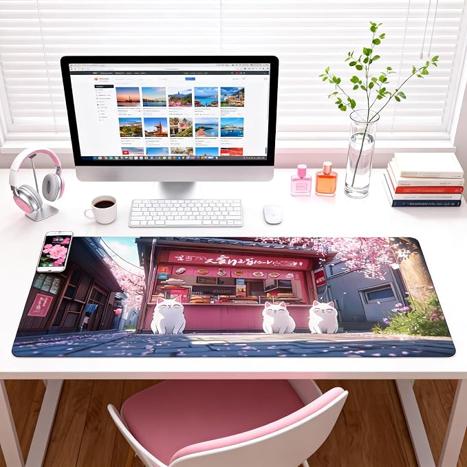 Cute Anime White Cat Gaming Mouse Pad, Blue Pink Anime Desk Mat with Anti-Slip Base & Stitched Edges, Computer Keyboard & Laptop Pad, 35.4" x 15.7" in in Workstation Accessories
