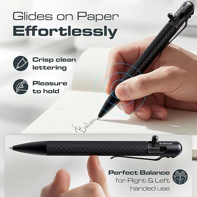BASTION® Luxury Carbon Fiber Bolt Action Pen Durable Professional Ballpoint Pen for Travel, School and Work Birthday Gift Idea - Black Stainless Steel
