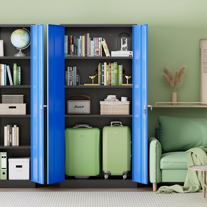 Metal Storage Cabinet,72" Steel Lockable File Cabinet with Locking Doors and Adjustable Shelves,Locking Tool Cabinets for Office,Home,Garage,Gym,School (Black Blue)