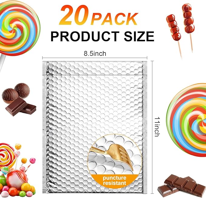 20 Pack Thermal Bubble Mailer, 9" x 11" Insulated Metallic Bubble Mailers, Self-adhesive Foil Mailing Envelopes for Cold Shipping Waterproof Shipping Envelopes for food, Cosmetics