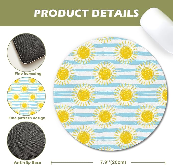 Ocean Beach Sunshine Blue and Yellow Round Mouse Pad 7.9x7.9in | Beach Desk Decor,Minimalist Sun Coastal Nautical Mousepad Mouse Mat for Computer Laptop Home Office Dorm Desk Accessories