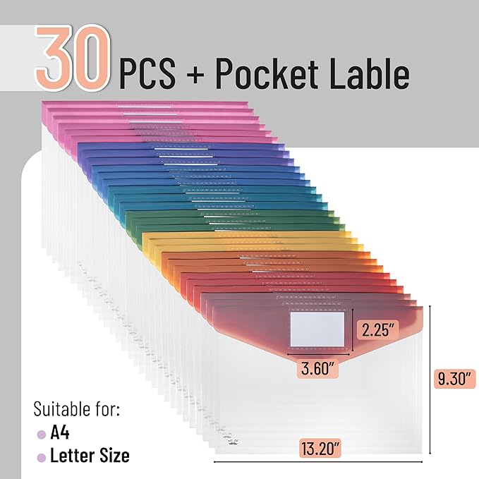 Mr. Pen- Clear Plastic Envelopes, 30 Pack, A4, Letter Size, Colorful, Clear Folders for Documents Plastic Envelopes for Documents