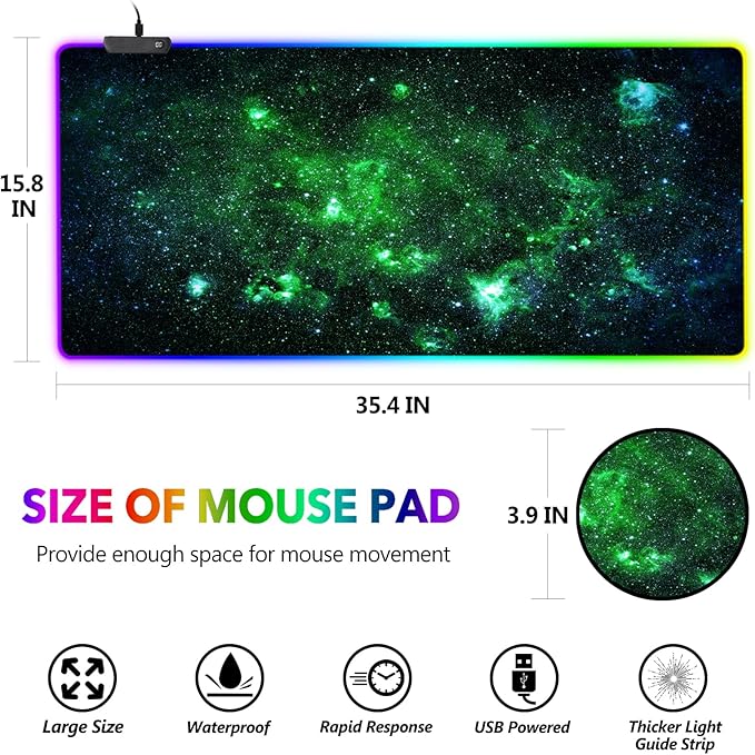AIMSA RGB Gaming Mouse Pad Extended, Large Led Mousepads Non-Slip Rubber Base with 14 Lighting Modes, Computer Keyboard Mat Soft Desk pad 35.4 x 15.8 inches, Green Star River