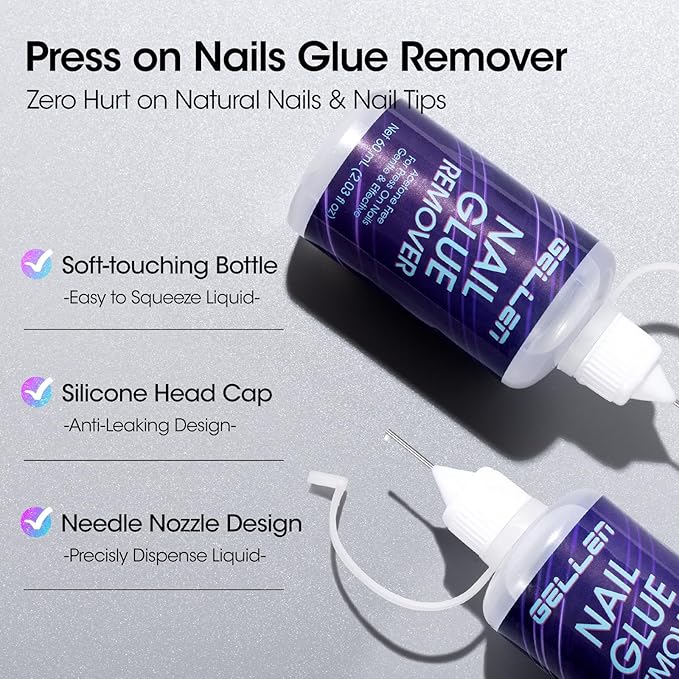 Gellen Press On Nail Remover: Pinpoint Glue Remover 2.03 Fl.oz, Non Acetone Gentle Press on Removal for Quick Dry Strong & Solid Glue, Gel X Off for Fake Nail Tip