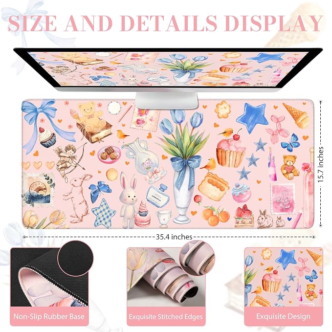 iCasso Pink Desk Mat, Cute Mouse Pad Decor, 35.4 x 15.7in Office Decor | Waterproof Non-Slip Large Desk Pad for Keyboard and Mouse with Stitched Edges, Cute Desk Accessory for Gaming and Dorm Rooms