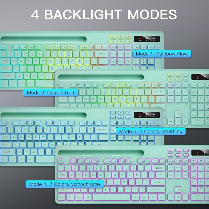 Wireless Keyboard with 7-Color RGB Backlit, Soueto Full-Size Computer Keyboard with Phone Tablet Holder, 2.4G Rechargeable Gaming Keyboard with Light Up Keys, Compatible with Mac, Windows (Mint Green)
