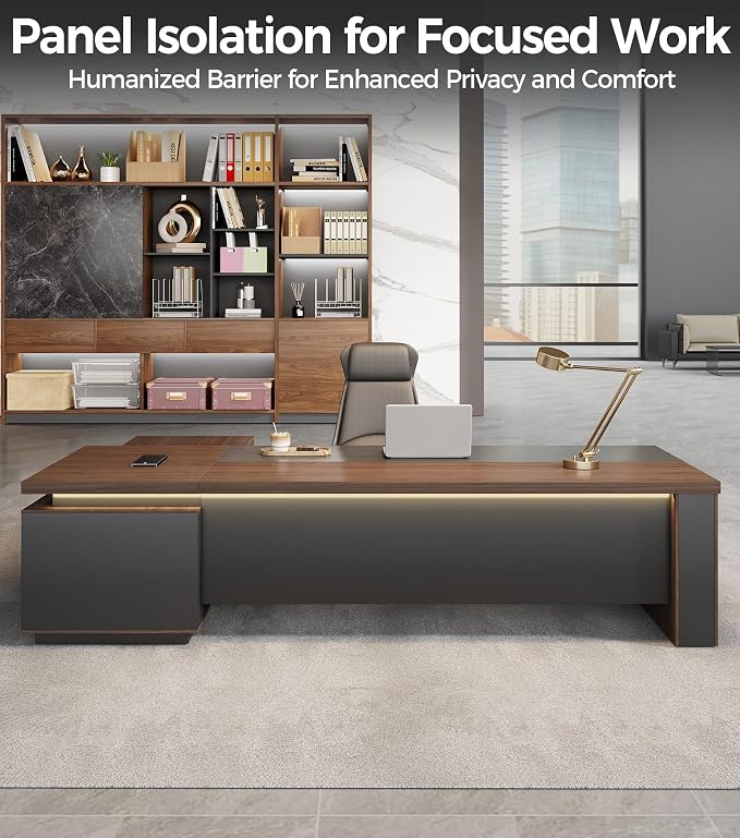95" Reversible L-Shaped Executive Desk with Drawers – Luxury Office Computer Desk with Open Shelves, LED Lighting, Built-in Outlet & USB Ports for Home, Office, Corporate, School (95"W x 71"D x 30"H)