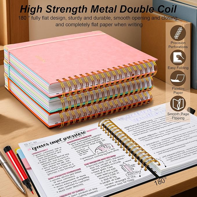 Hardcover Spiral Notebook 6.2"x 8.2" Journal Notebook with Tabs and Removable Dividers 300 Pages 5 Subject Notebook College Ruled, Faux Leather Spiral Bound Notebook for Women School Work (Black)