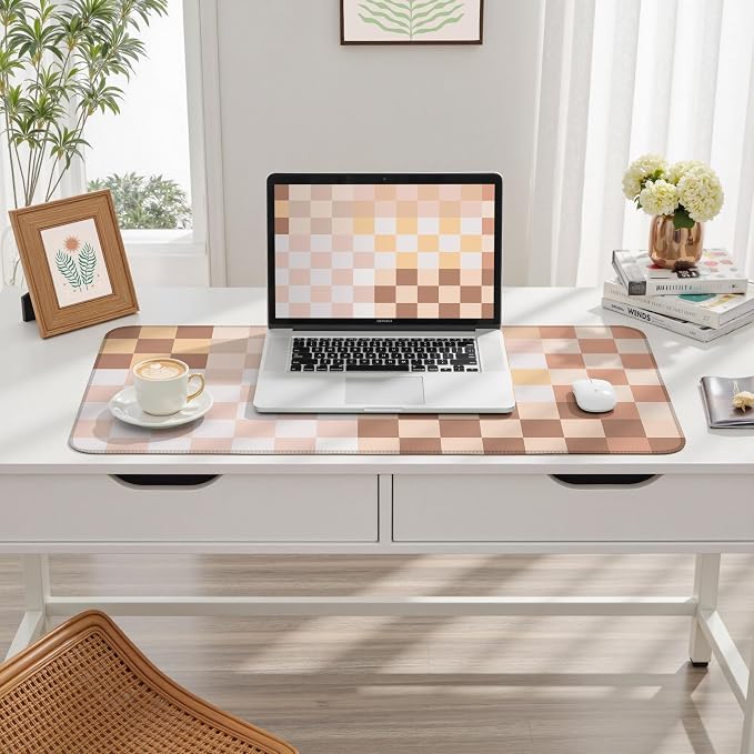 Checkered Boho Desk Mat Beige Pink Mouse Pad XXL Pastel Retro Large Mouse Pad with Stitched Edges, Keyboard Pad Mouse Mat for Computer Aesthetic Office Decor Desk Matt for Desktop 31.5 X 15.7In