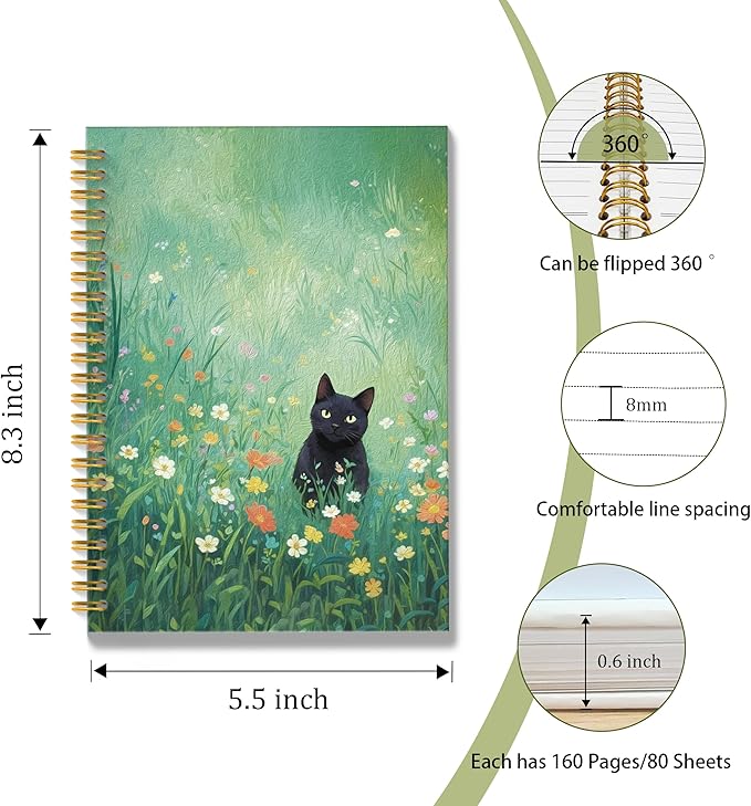 ROXMART Black Cat Wildflower Field Spiral Notebook, Black Cat Gifts Journal, Gifts for Cats Lovers, Rustic Floral Cute Kitty Kitten Hardcover Notebook Journal, 5.5x8.3 Inch