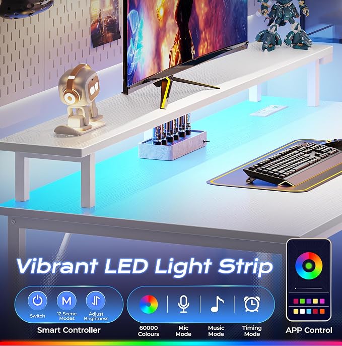 40 inch Gaming Desk, LED & Power Outlets, Monitor Stand, White | Sturdy PC Desk for Home Office, Study & Work, LED Lights, 4 AC Outlets & USB-C Charging Station