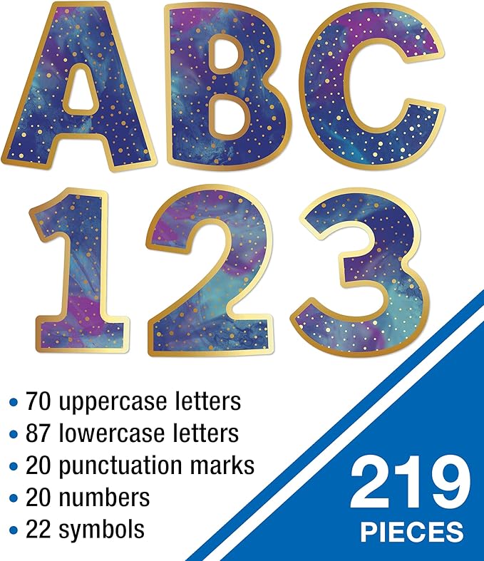 Carson Dellosa 219-Piece Galaxy Cutout Letters, 4" Marble and Gold Dot Upper and Lowercase Alphabet, Numbers, Punctuation, and Symbols for Bulletin Board, Posterboard, Party, and Classroom Decor
