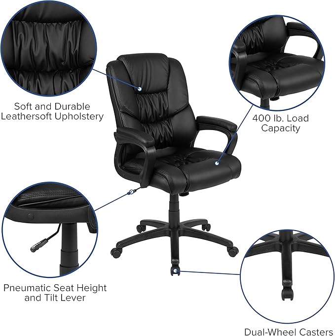 Flash Furniture Fundamentals Big & Tall Swivel LeatherSoft Office and Gaming Chair, Ergonomic Office Chair with Padded Armrests and Adjustable Height, Black