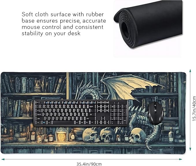 Aesthetic Dragon Gaming Mouse Pad, Deep Teal Gothic Desk Mat with Anti-Slip Base & Stitched Edges, Office Supplies & Desk Decor for Women, 35.4" x 15.7" in Home Office Essentials