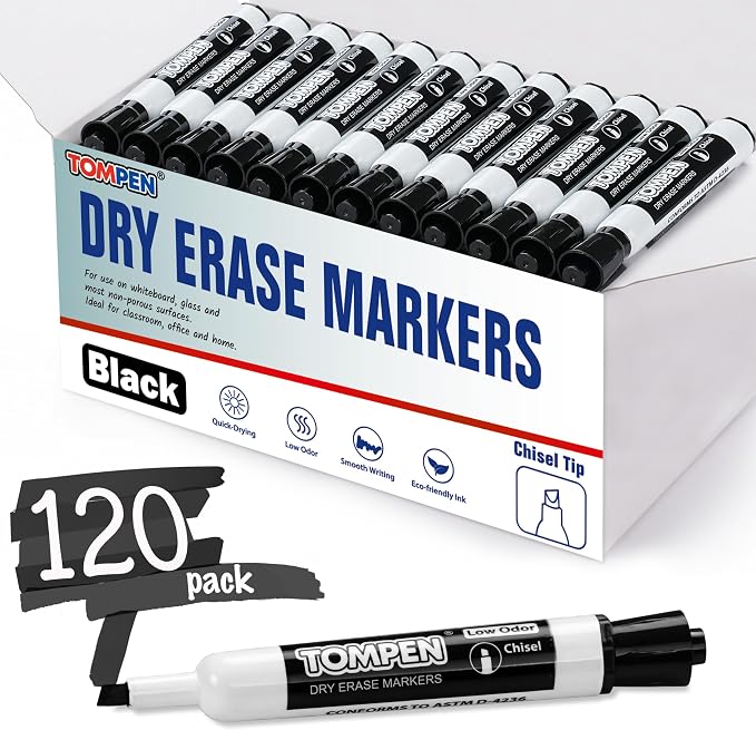 Dry Erase Markers Black 120 Count,Chisel Tip Whiteboard Markers for Adults Teachers Gifts-Non-Toxic Low Odor,Bulk for Classroom,Office,Home,Quick-Dry & Easy to Erase