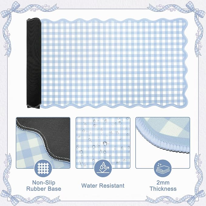 Blue Gingham Desk Mat Set with Wrist Rest, Ergonomic Design, Scalloped Edge Keyboard Mouse Pad Set Large 35.4x15.7 Inch, Memory Foam Wrist Support, Non-Slip Desk Pad Home Office Decor