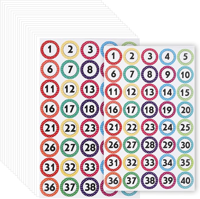 1000 Pcs Number Stickers 1-40,25 Sheets Round Dot Consecutive Number Self-Adhesive Stickers Erasable for Office,School,Storage,Organizing
