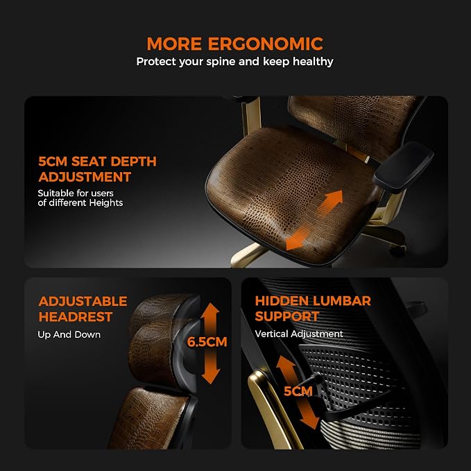 TOMU Genuine Leather Office Chair Cowhide, Ergonomic Executive Office Chair for Boss, with Golden Base,Adjustable armrest, Headrest, Lumbar Support and Reclining Back- Luxury and Commercial