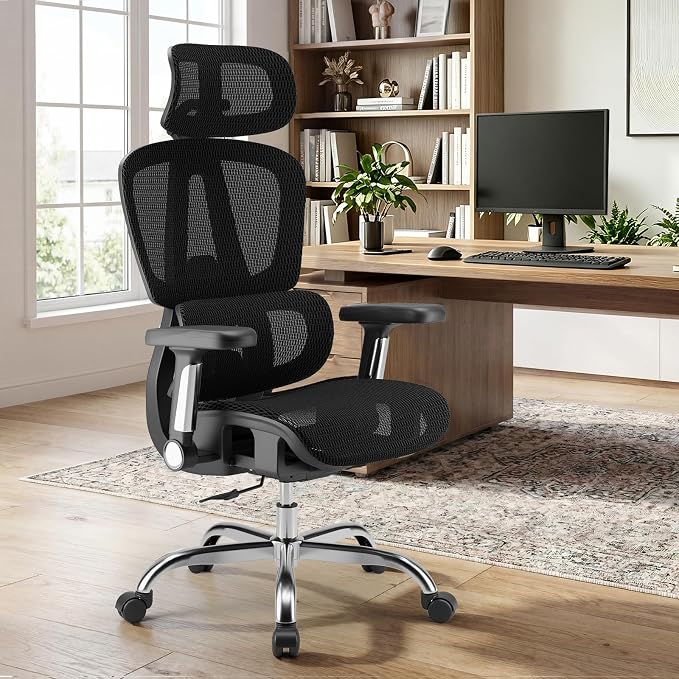 Mesh Office Chair, Ergonomic Office Chair, Home Office Desk Chairs with Headrest, 90-135° Tilt Lock and Breathable Backrest & Lumbar Support, 5D Armrest, Computer Chairs (Large Chair)