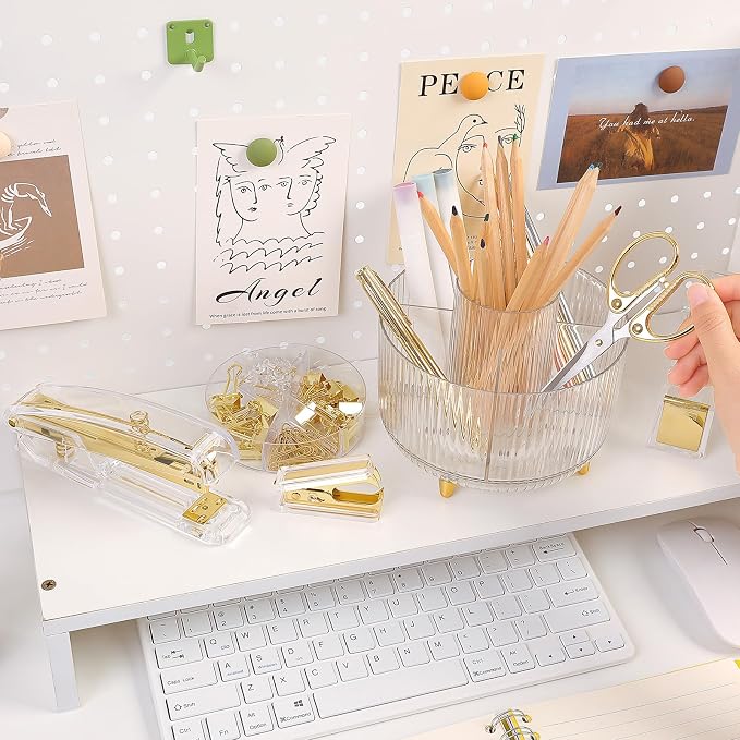 SKYDUE Gold Office Supplies Set with Pencil Holder for Desk | Gold Desk Accessories with Gel Pen, Stapler, Tape Dispenser, Scissors,Clips and 1000pcs Staples, Office Decor for Women