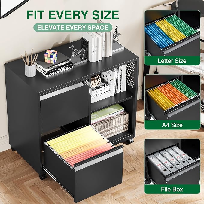 Mobile File Cabinet with Side Hook, 2 Drawer Lateral File Cabinet with Lock fits A4/Letters/Legal Size for Home Office,Metal Rolling Printer Stand with Open Storage Adjustable Shelves(Black)